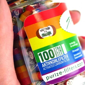 Cigaretové Filtre s aktívnym uhlím Purize Extra Slim Rainbow 100 ks - detail etikety